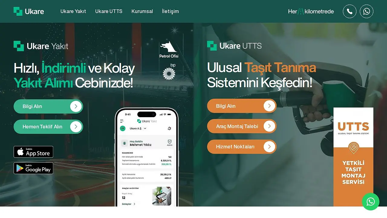Ukare Yakıt ve UTTS dijital hizmet ekranı